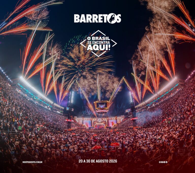 Arte promocional oficial da Festa do Peão de Barretos 2026, com arena lotada e fogos de artifício