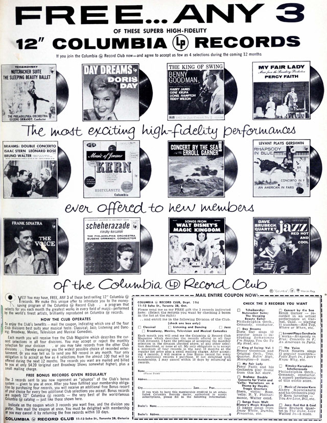 Anúncio antigo do Columbia Record Club promovendo discos de vinil em 1957.