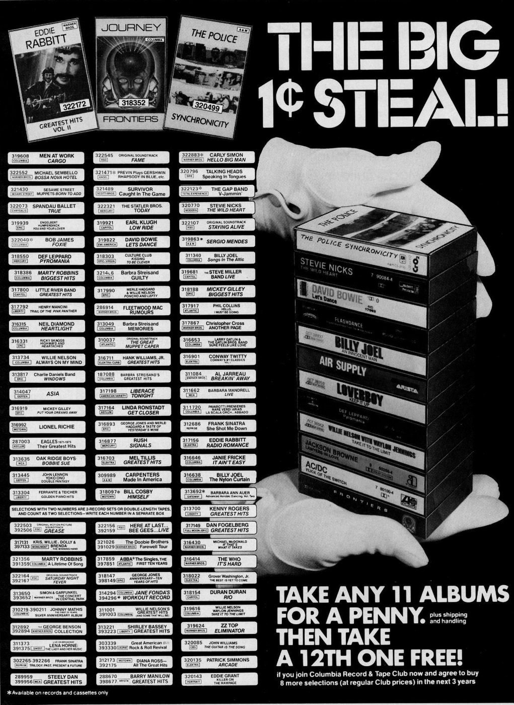 Anúncio de 1984 da Columbia House oferecendo 11 álbuns por um centavo e o 12º grátis.