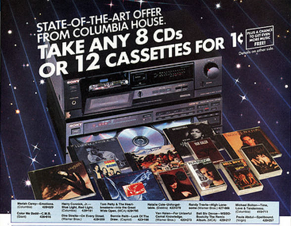 Anúncio da Columbia House oferecendo oito CDs ou doze cassetes por um centavo.