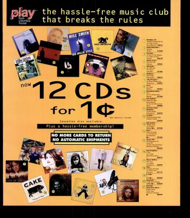 Anúncio dos anos 1990 da Columbia House oferecendo doze CDs por um centavo.