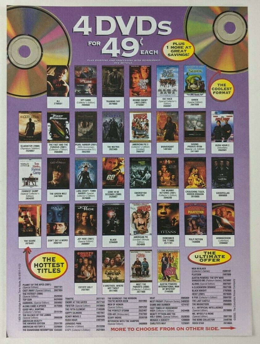 Anúncio do Columbia House DVD Club oferecendo DVDs por centavos no início dos anos 2000.