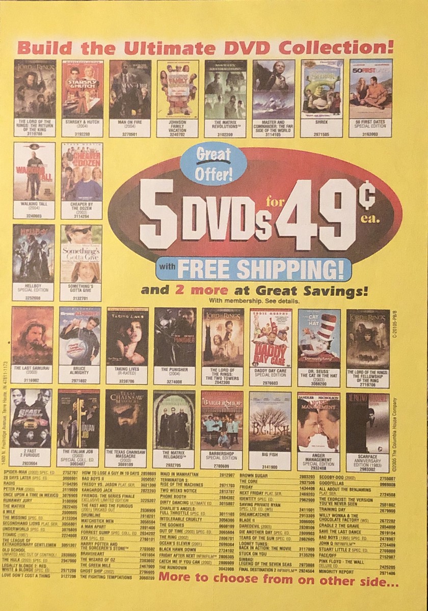 Anúncio de 2005 da Columbia House oferecendo cinco DVDs por 49 centavos cada.
