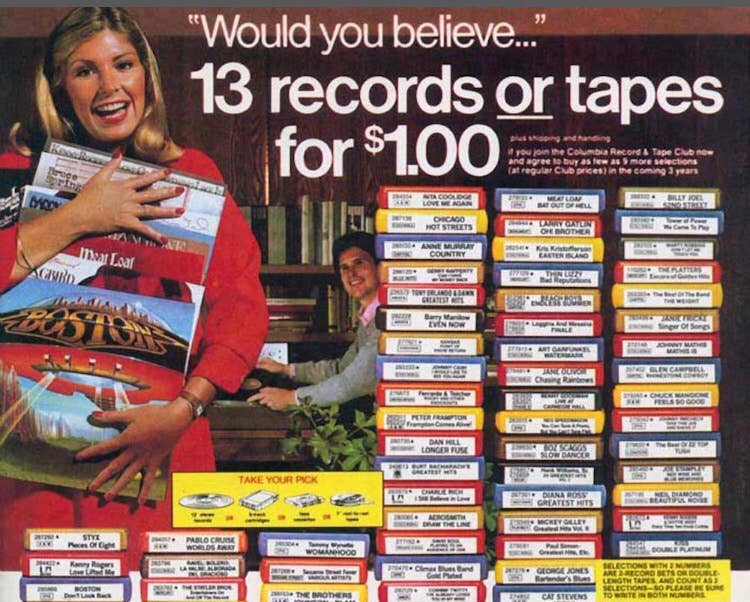 Anúncio do Columbia House Record & Tape Club oferecendo discos e fitas por um dólar.