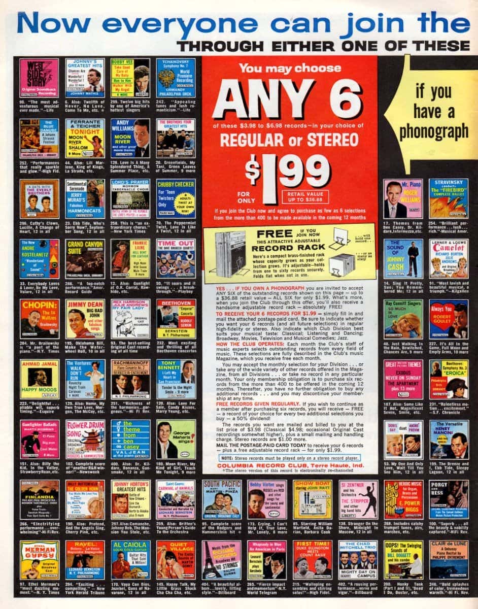 Anúncio de 1963 do Columbia Record Club oferecendo seis discos por US$ 1,99.