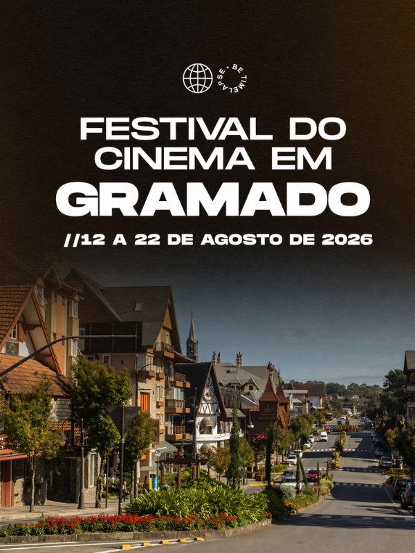 Arte promocional do Festival de Cinema de Gramado 2026 com as datas de 12 a 22 de agosto sobre imagem da cidade de Gramado.
