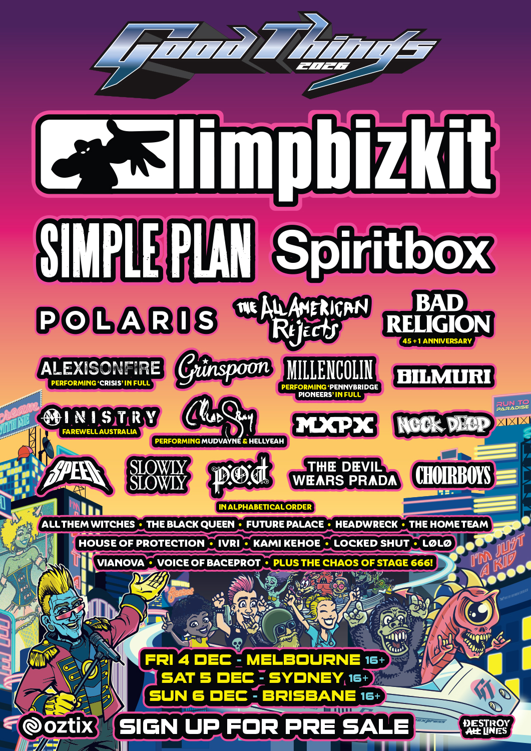 Pôster do line-up do Good Things Festival 2026 com Limp Bizkit, Spiritbox, Bad Religion, Ministry e outras bandas