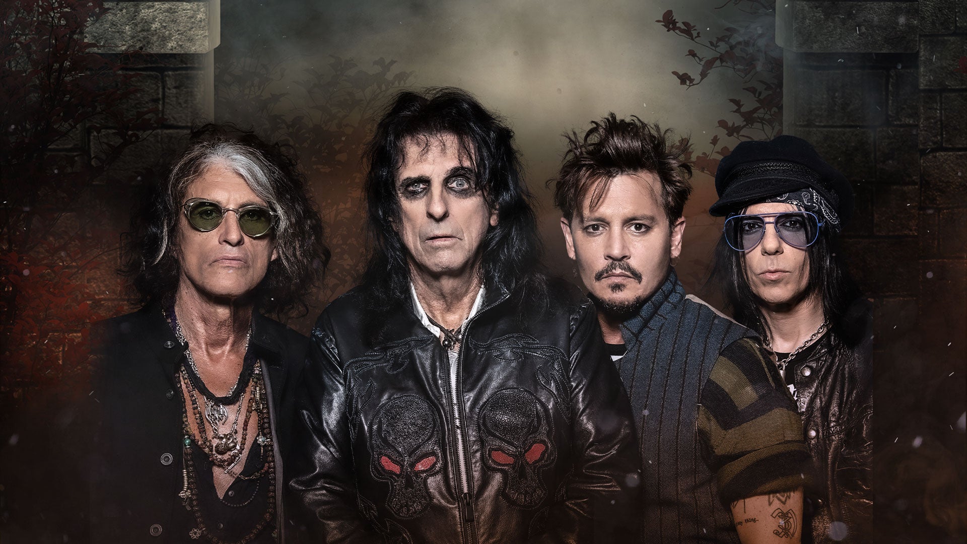 Hollywood Vampires em foto promocional com Alice Cooper, Johnny Depp e integrantes da banda