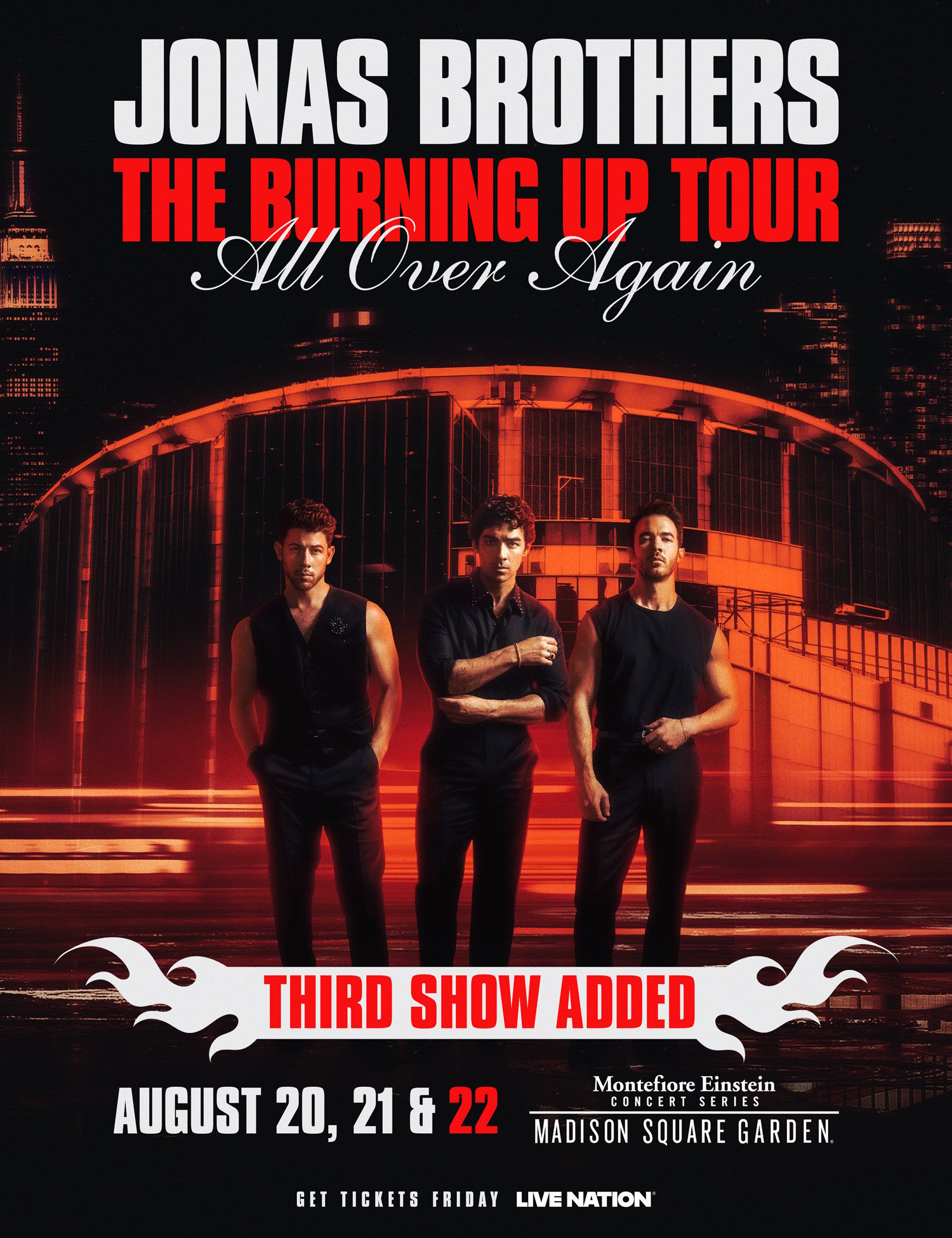 Jonas Brothers em cartaz oficial da turnê The Burning Up Tour All Over Again, em 2026