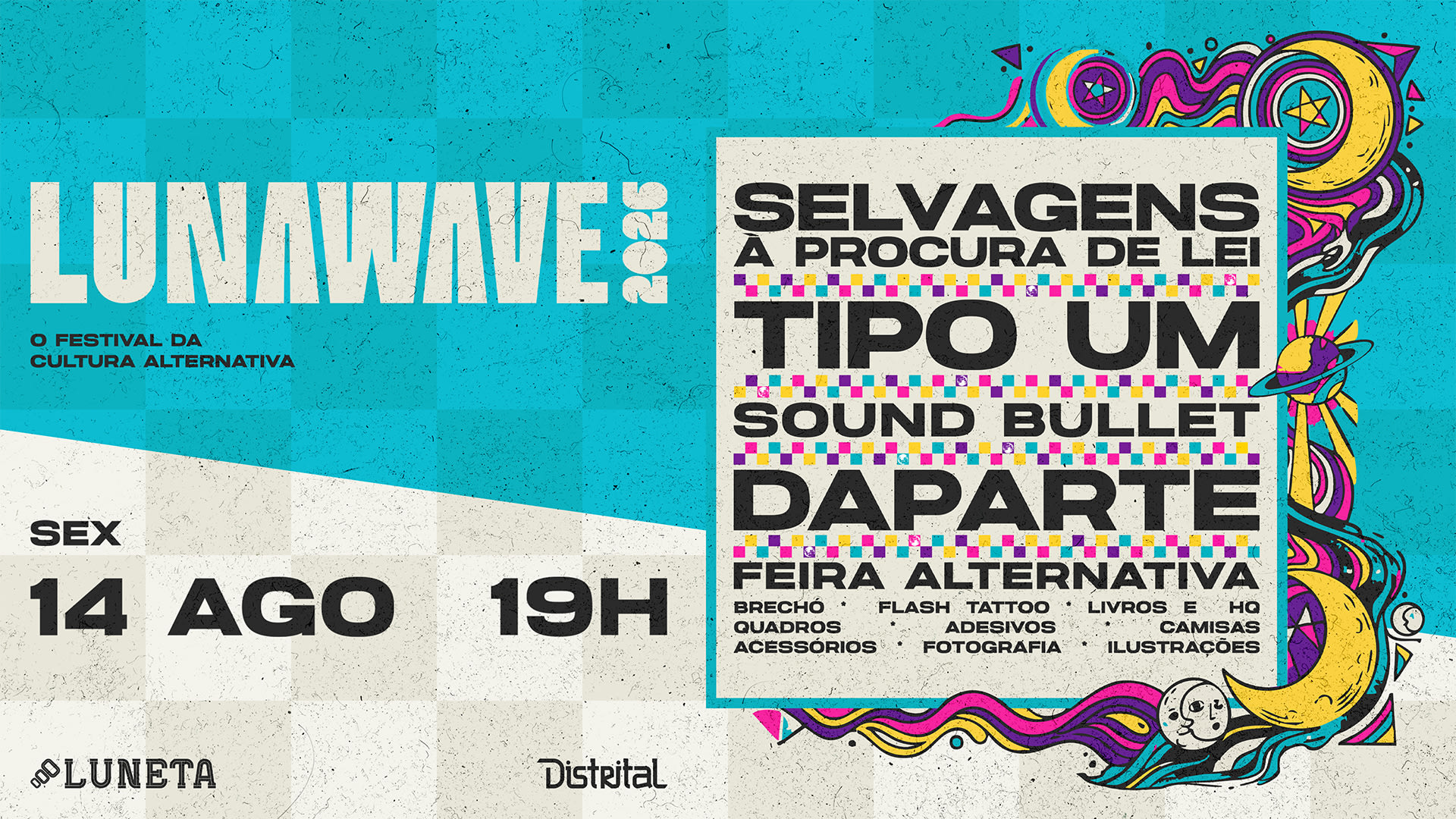 Cartaz do festival Lunawave 2026, em Belo Horizonte, com Selvagens à Procura de Lei, Sound Bullet, Daparte e Tipo Um.