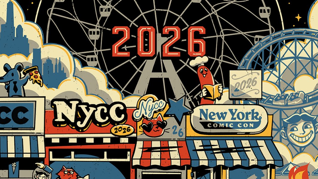 Arte oficial da New York Comic Con 2026 com tema de Coney Island e identidade visual da edição de 20 anos