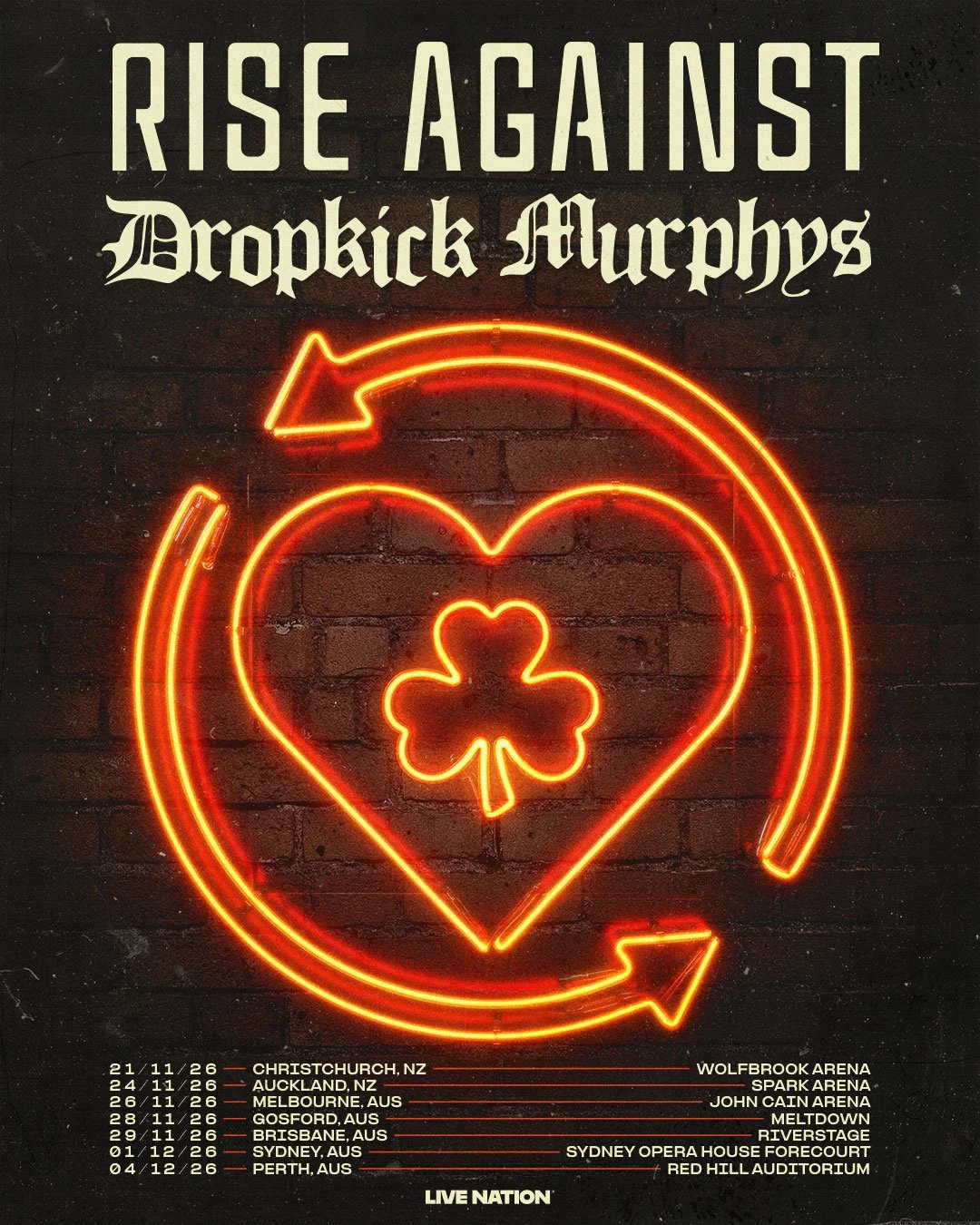 Cartaz da turnê australiana de Rise Against e Dropkick Murphys em 2026, com data no Sydney Opera House.
