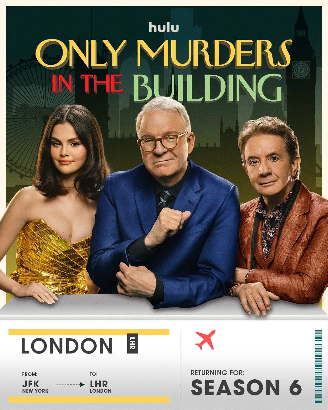 Selena Gomez, Steve Martin e Martin Short em pôster promocional de Only Murders in London