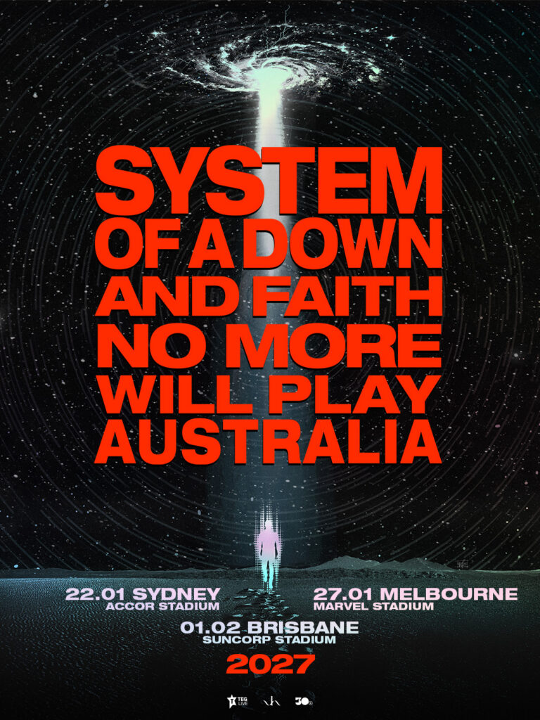 Pôster da turnê australiana de 2027 com System of a Down e Faith No More