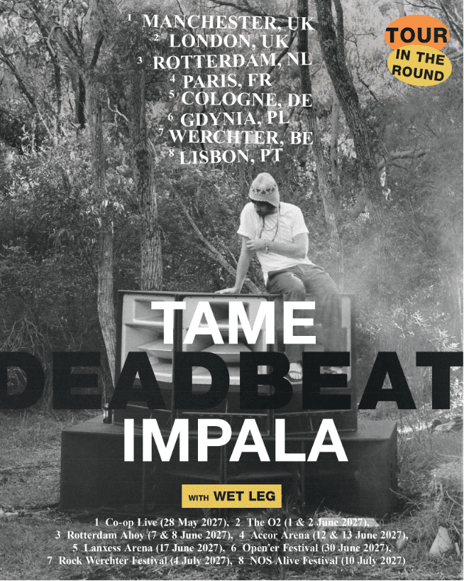 Cartaz da turnê europeia 2027 do Tame Impala com Wet Leg