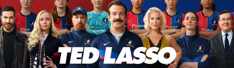 Arte oficial da quarta temporada de Ted Lasso, do Apple TV, com Jason Sudeikis e o elenco.