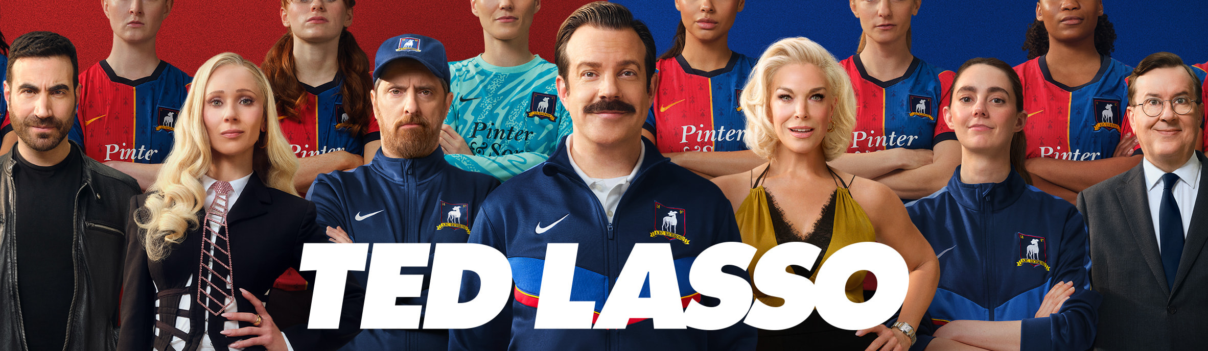 Arte oficial da quarta temporada de Ted Lasso, do Apple TV, com Jason Sudeikis e o elenco.