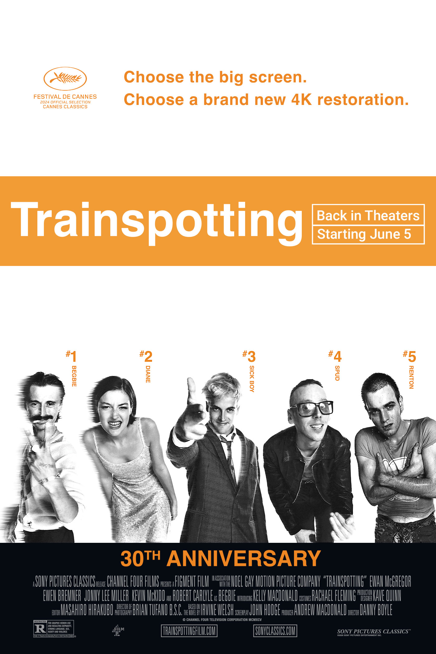 Pôster de 30 anos de Trainspotting com Begbie, Diane, Sick Boy, Spud e Renton em preto e branco sobre fundo branco e laranja.