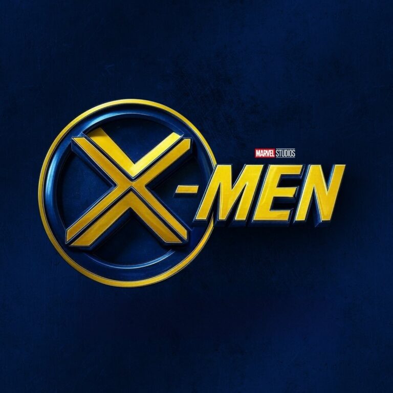 Logo de X-Men associado ao Marvel Studios em fundo azul escuro.