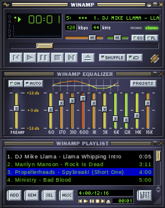 Interface clássica do Winamp com player, equalizador e playlist