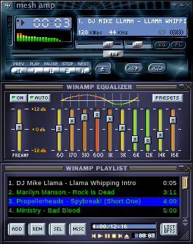 Winamp com skin meshAmp de aparência metálica e futurista