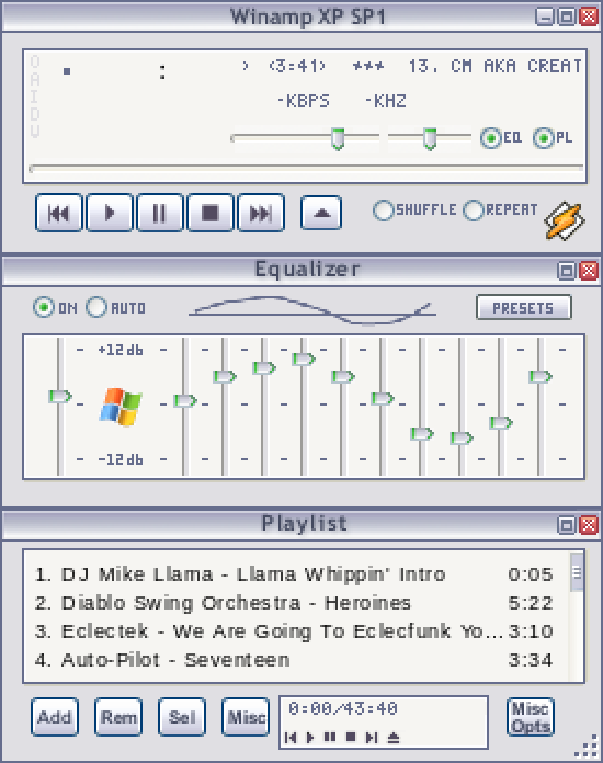 Winamp com skin prateada inspirada no Windows XP